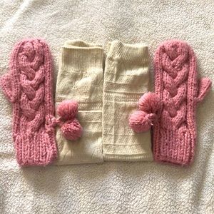 Cute Beige/cream knee socks and crochet Pom Pom pink gloves - warm winter bundle